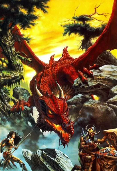 Red Dragon Above Adventurers and Treasure