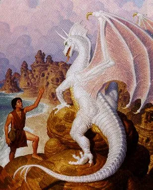 Boy Greeting a White Dragon by the Sea by Tim Hildebrandt