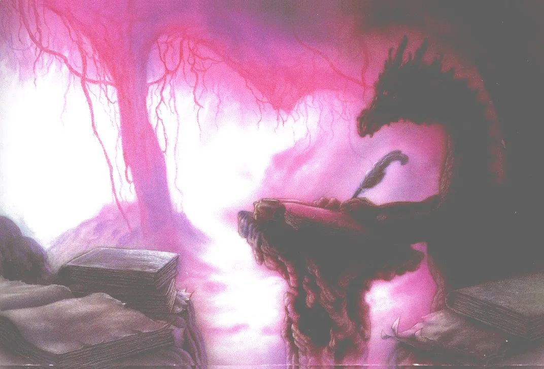 Shadow Dragon Writing in a Crimson Forest by Ciruelo Cabral