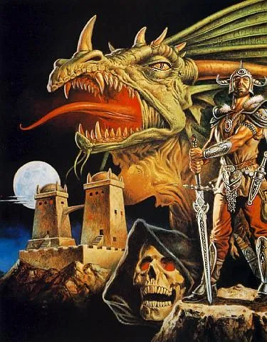 Barbarian, Green Dragon and Hooded Skull by Clyde Caldwell