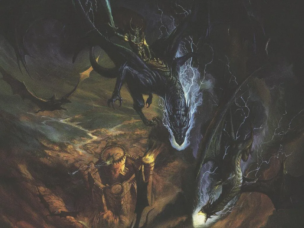 Dark Rider on a Lightning Dragon Over a Fortress by Jeff Easley