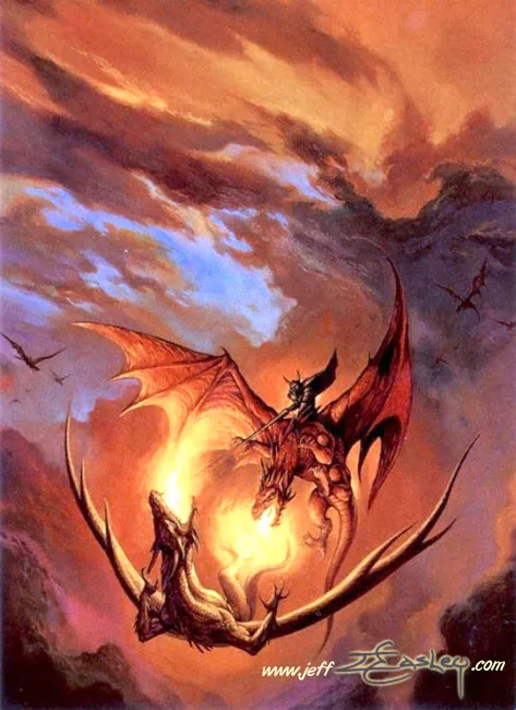 Red Dragon Rider Battling a Golden Dragon by Jeff Easley