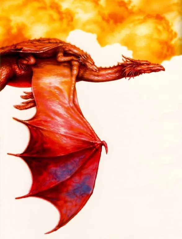 Red Dragon in Flight Against Fiery Clouds