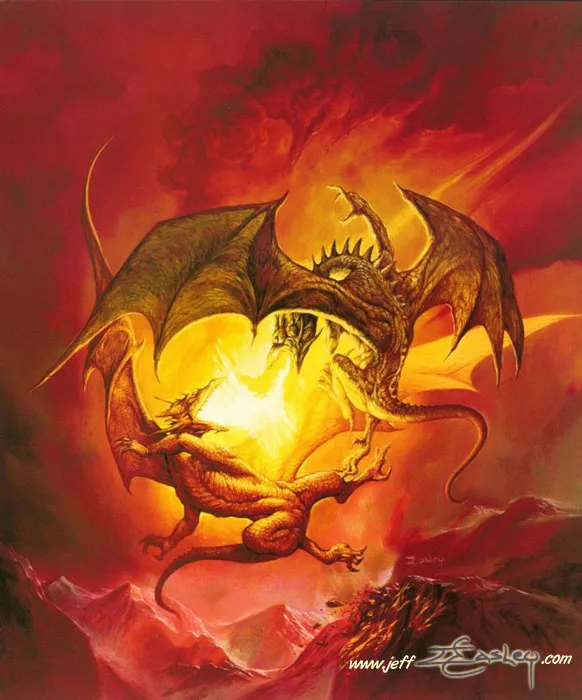 Two Dragons Battling in Fiery Skies by Jeff Easley