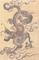 A 19th century engraving of a Chinese Dragon, color engraving on wood.