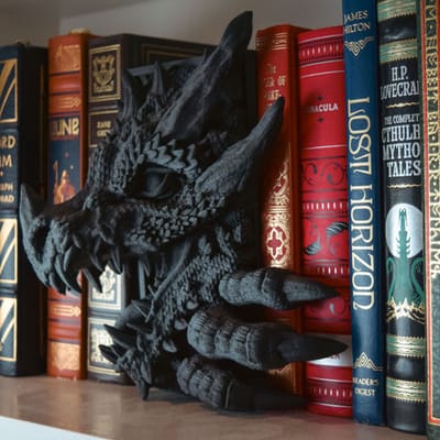 Dragon book nook emerging from a bookshelf